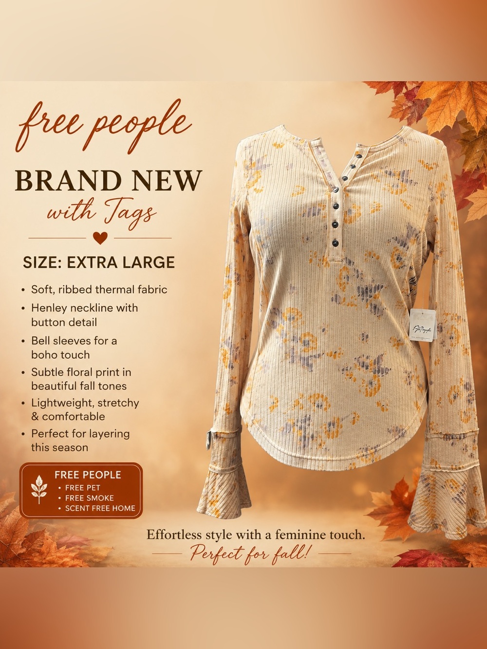 Free People Cream Floral Ribbed Henley with Flared Cuffs